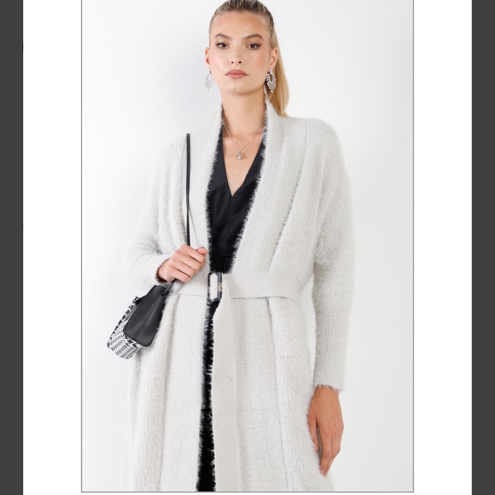 NEW Grey Fuzzy Knit Open Midi Cardigan